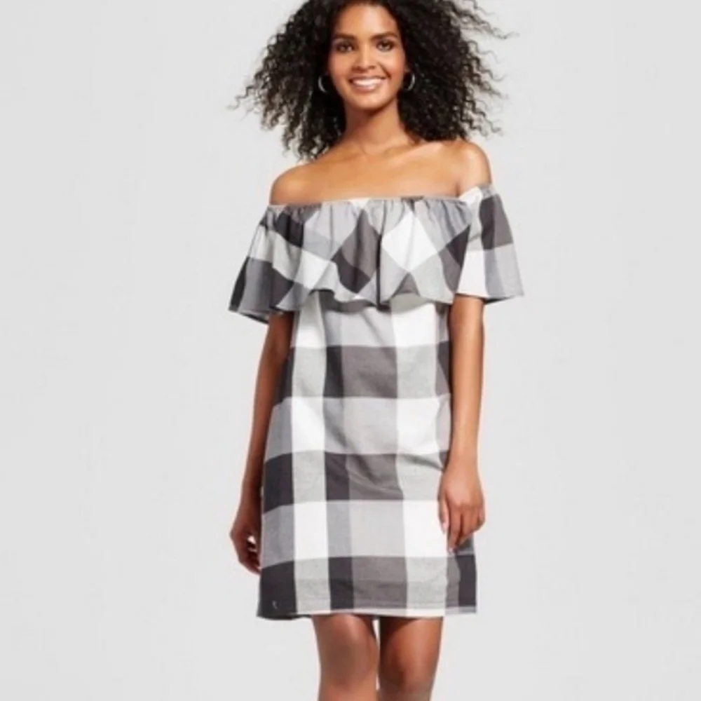 Who What Wear Mini Dress Off The Shoulder Buffalo Plaid Checkered Black White M - Picture 1 of 15